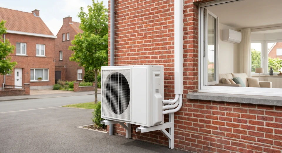 Pompe à chaleur air-air installée à l'extérieur d'une maison résidentielle, fixée au mur ou sur un support dédié, avec son unité intérieure visible par une fenêtre ouverte en arrière-plan. Le contexte doit clairement montrer un installation professionnelle de chauffage écologique pour résidence, dans un environnement naturel ou urbain résidentiel.