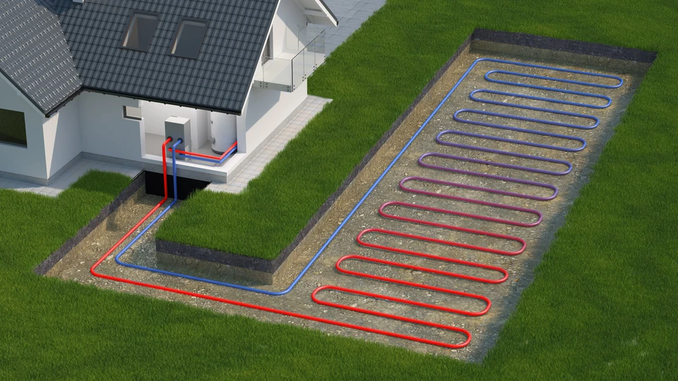 Maison moderne écologique en coupe transversale révélant l'installation complète de géothermie